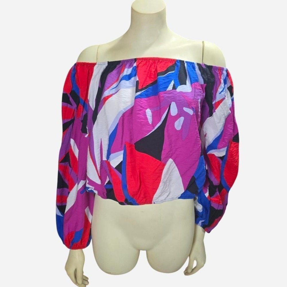 NINE WEST Abstract Floral Off Shoulder Blouse Top Long‎ Balloon Sleeve Crop Sz M